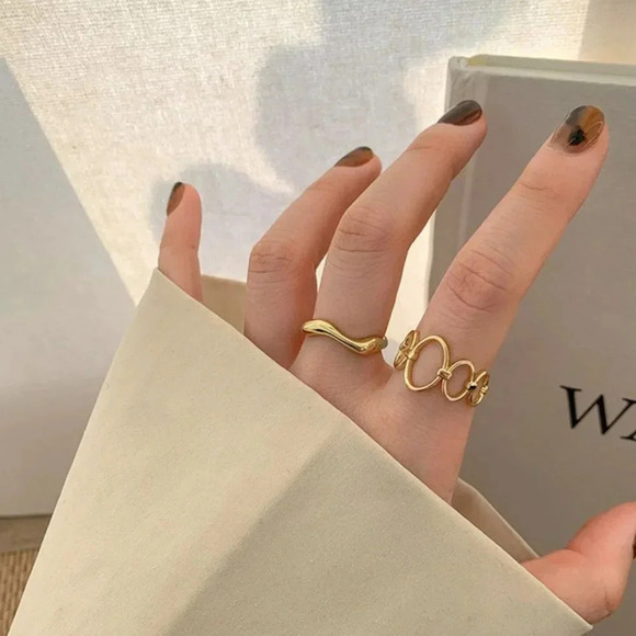 925 Gold Stackable Ring Geometric Oval Link Minimalist Wave Adjustable Ring - Picture 3 of 8